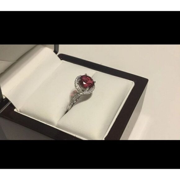 2.5 Ct. Round Ruby Solitaire & White Sapphire Swirl Halo Ring Sz 8~.925 SS - Picture 2 of 3